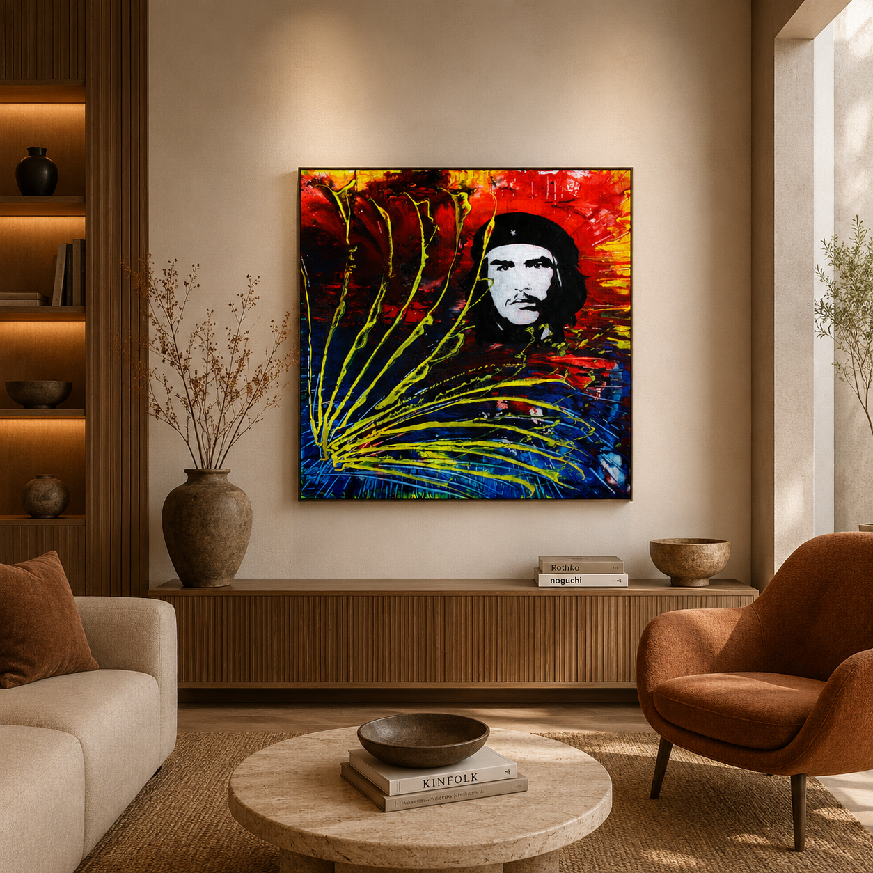 Moderne woonkamer met een kleurrijk abstract portret boven een houten console en neutrale zitmeubelen.