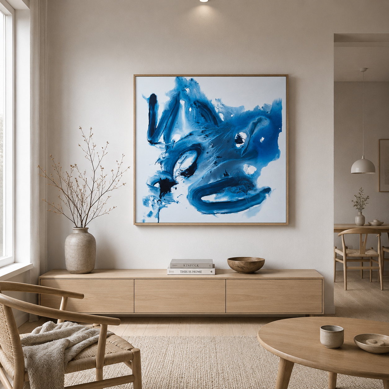 Lichte woonkamer met abstracte blauwe muurdecoratie boven een licht houten console en een gevlochten stoel bij het raam.