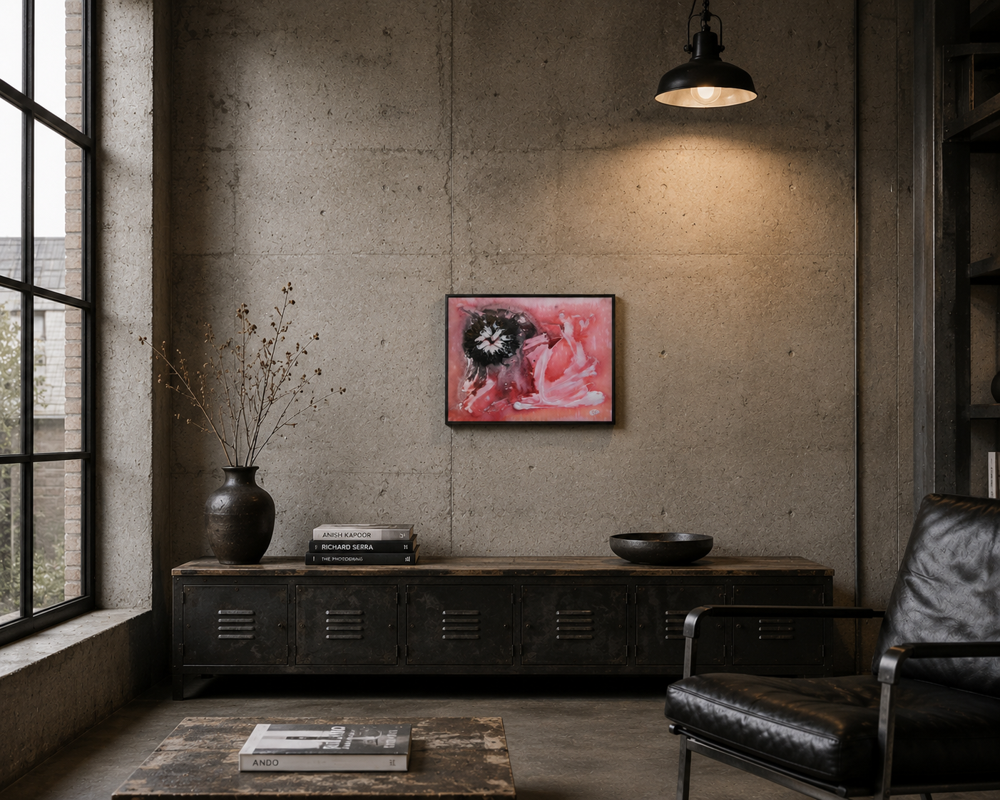 Moderne woonkamer met een zwarte bank, een laag kastje, een hanglamp en een rood abstract kunstwerk aan de muur.