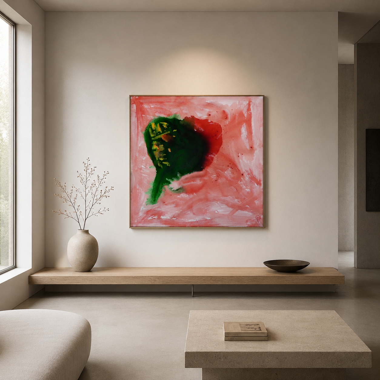 Minimalistische woonkamer met een roze abstract schilderij, een beige bankje en een vaas bij het raam.