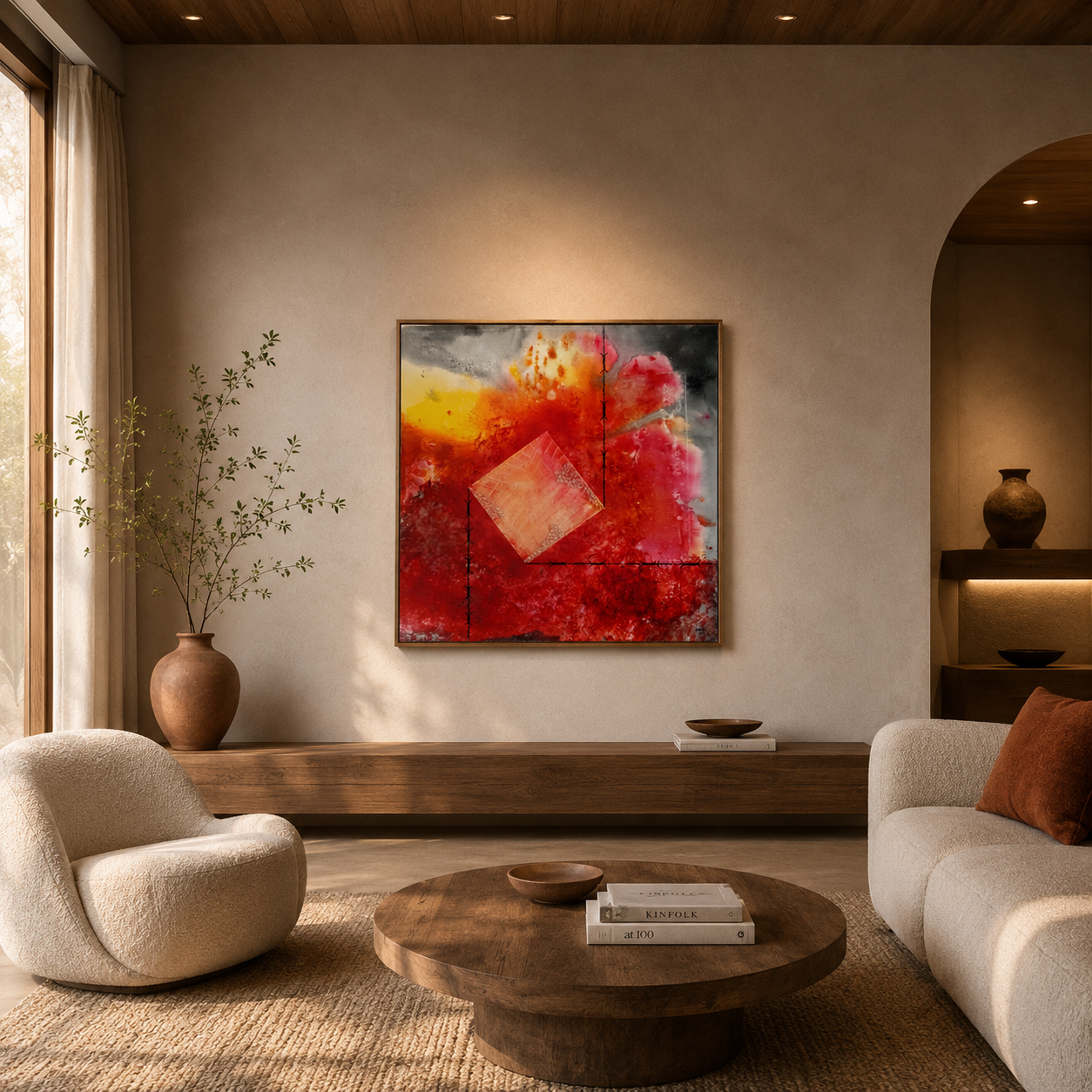 Minimalistische woonkamer met een abstract rood-oranje schilderij, beige stoelen en een ronde houten salontafel.