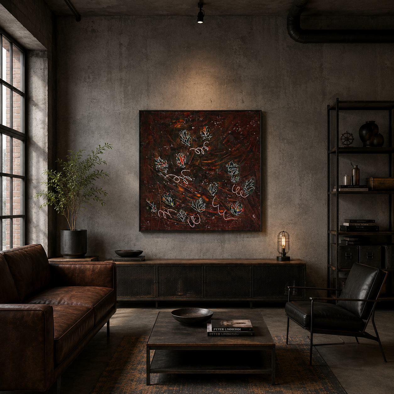 Moderne, industriële woonkamer met bruine bank, abstracte muurdecoratie, zwarte stoel en warme lampverlichting.