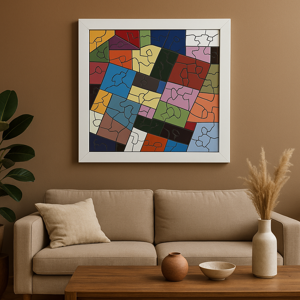 Gezellige woonkamer met beige bank, houten tafel, vaas en kleurrijke abstracte ingelijste kunst aan de muur.
