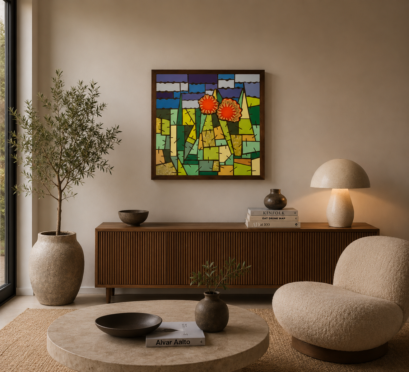 Gezellige woonkamer met een kleurrijke muurschildering, beige meubels, een ronde salontafel en warme lampen.