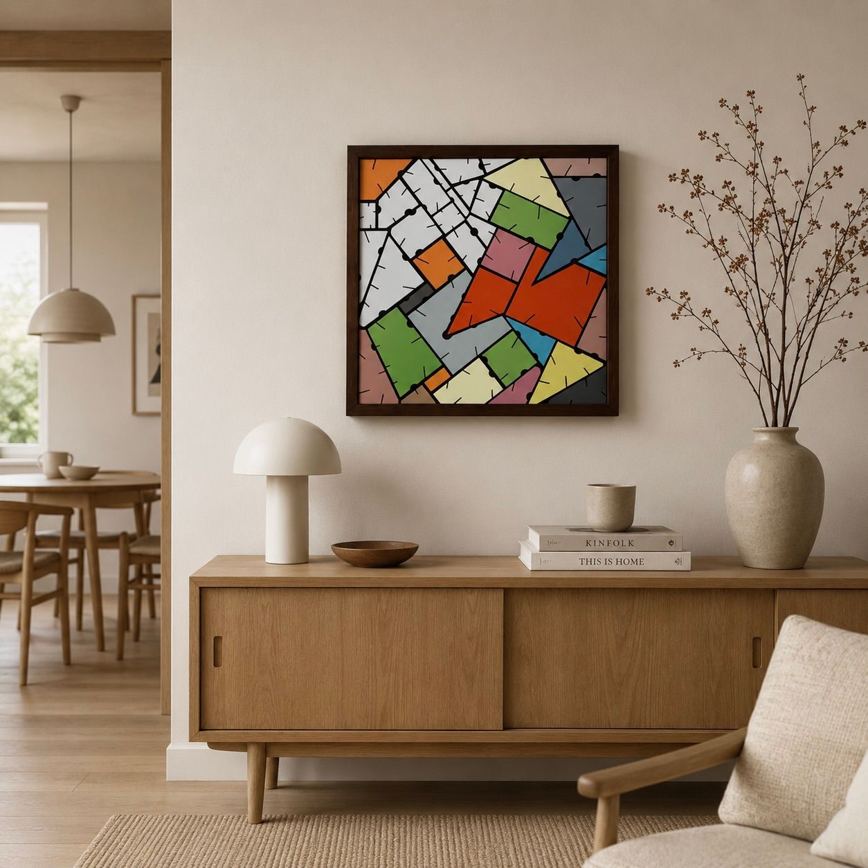 Moderne woonkamer met ingelijste abstracte kunst, houten dressoir, beige bank en decoratieve vazen.