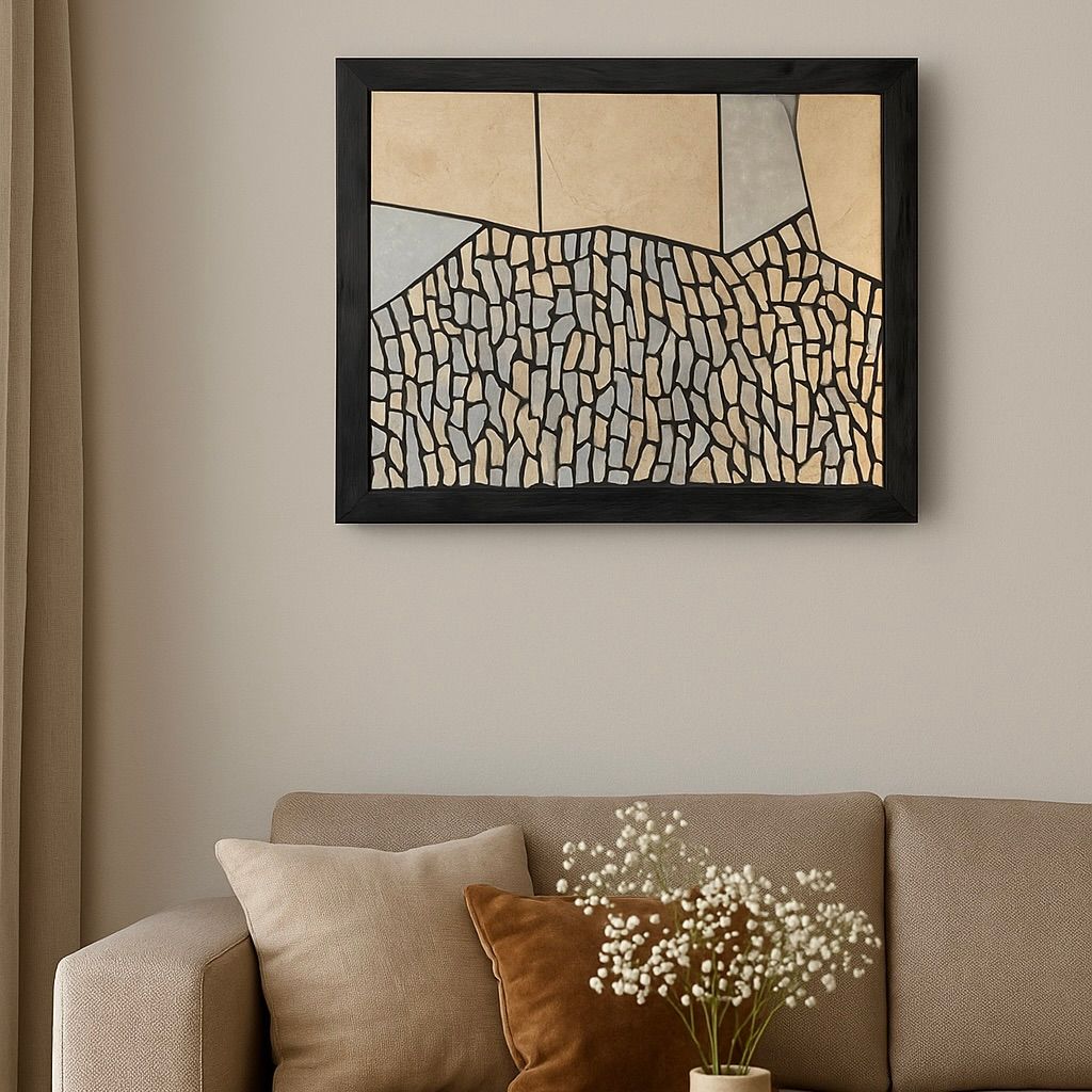 Ingelijste abstracte muurdecoratie boven een beige bank met neutrale kussens en een vaas met witte bloemen.