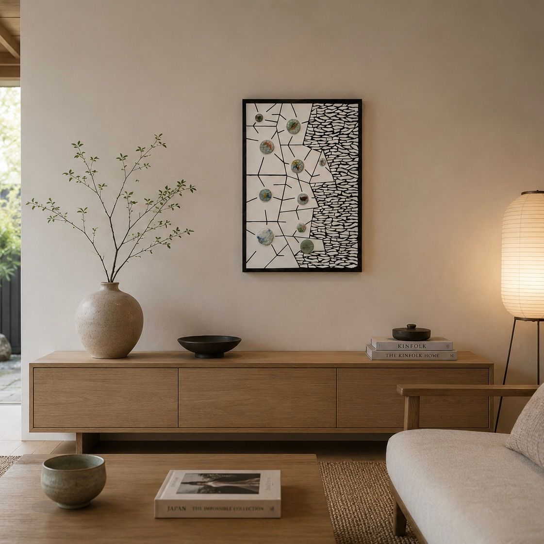 Minimalistische woonkamer met houten dressoir, ingelijste kunst, vaas, lamp en neutrale bank.
