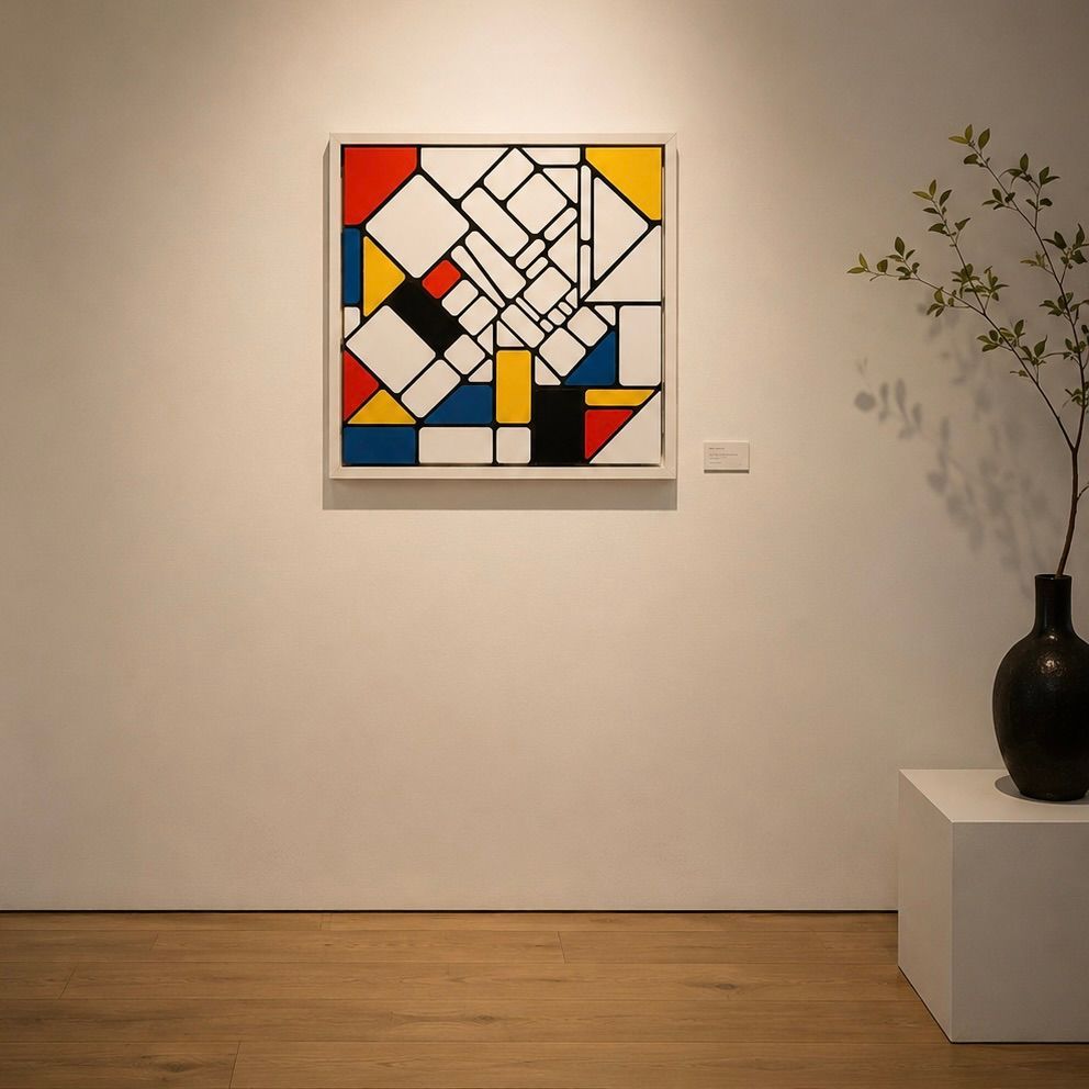 Abstract geometrisch schilderij in een galerie, met zwarte, witte, rode, gele en blauwe vormen op een beige muur.