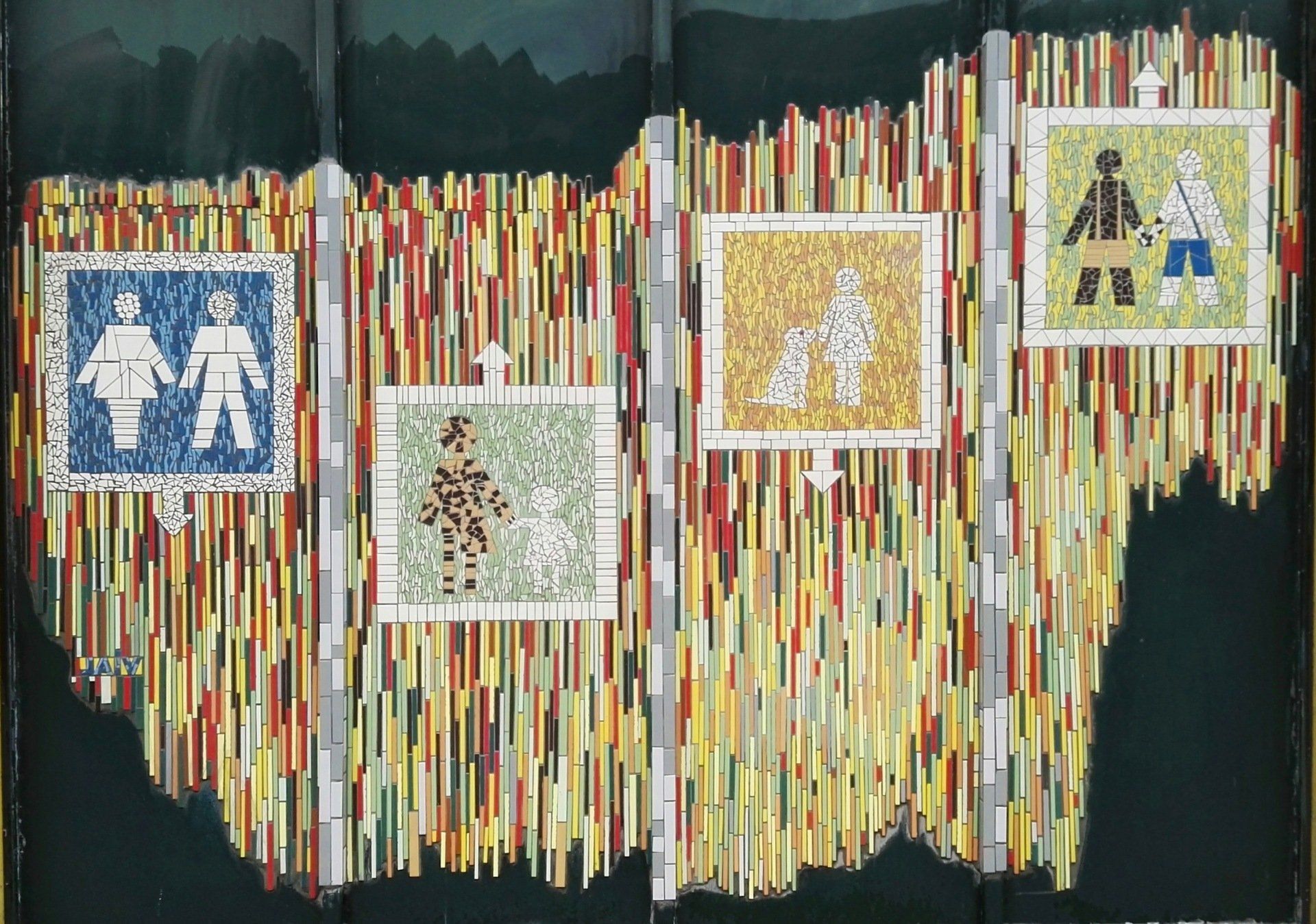 Abstracte wanddecoratie bestaande uit vier kleurrijke rechthoekige panelen met gepixelde figuren.