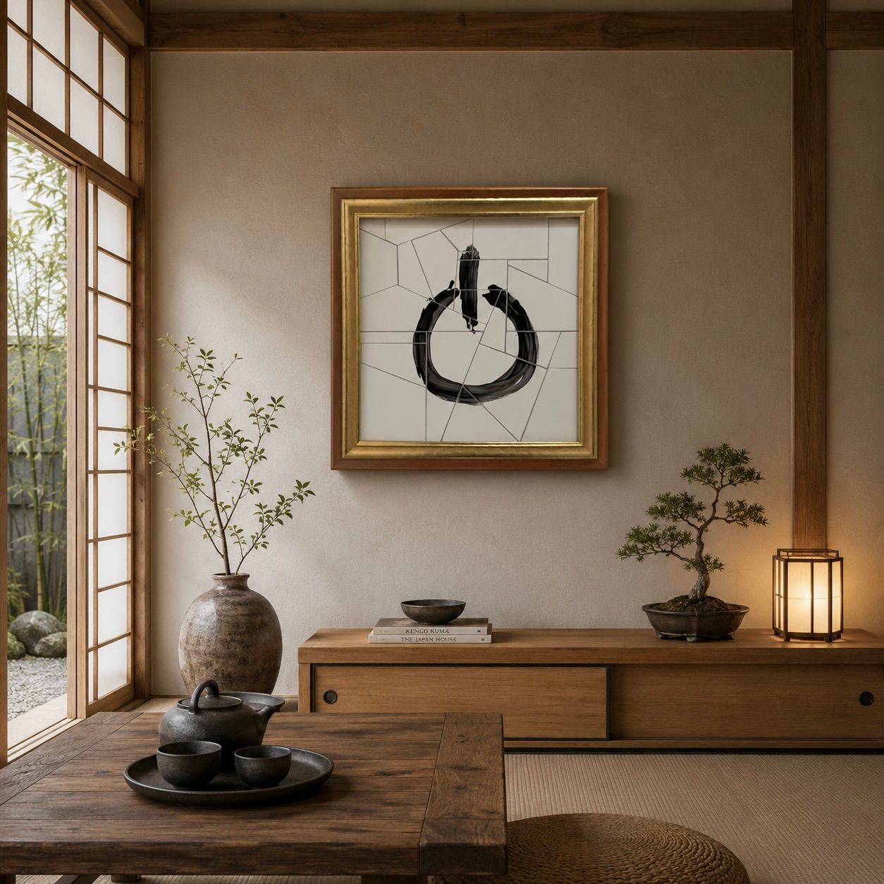 Rustgevende kamer in Japanse stijl met theeservies, bonsai en kalligrafie bij een raam.