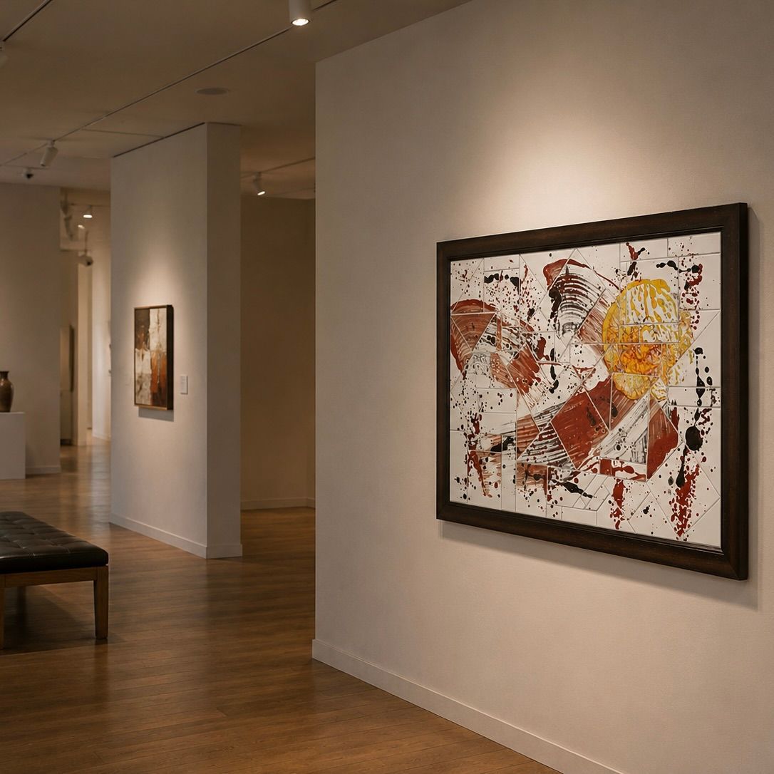 Moderne kunstgalerie met een ingelijst abstract schilderij aan een witte muur en hardhouten vloeren.