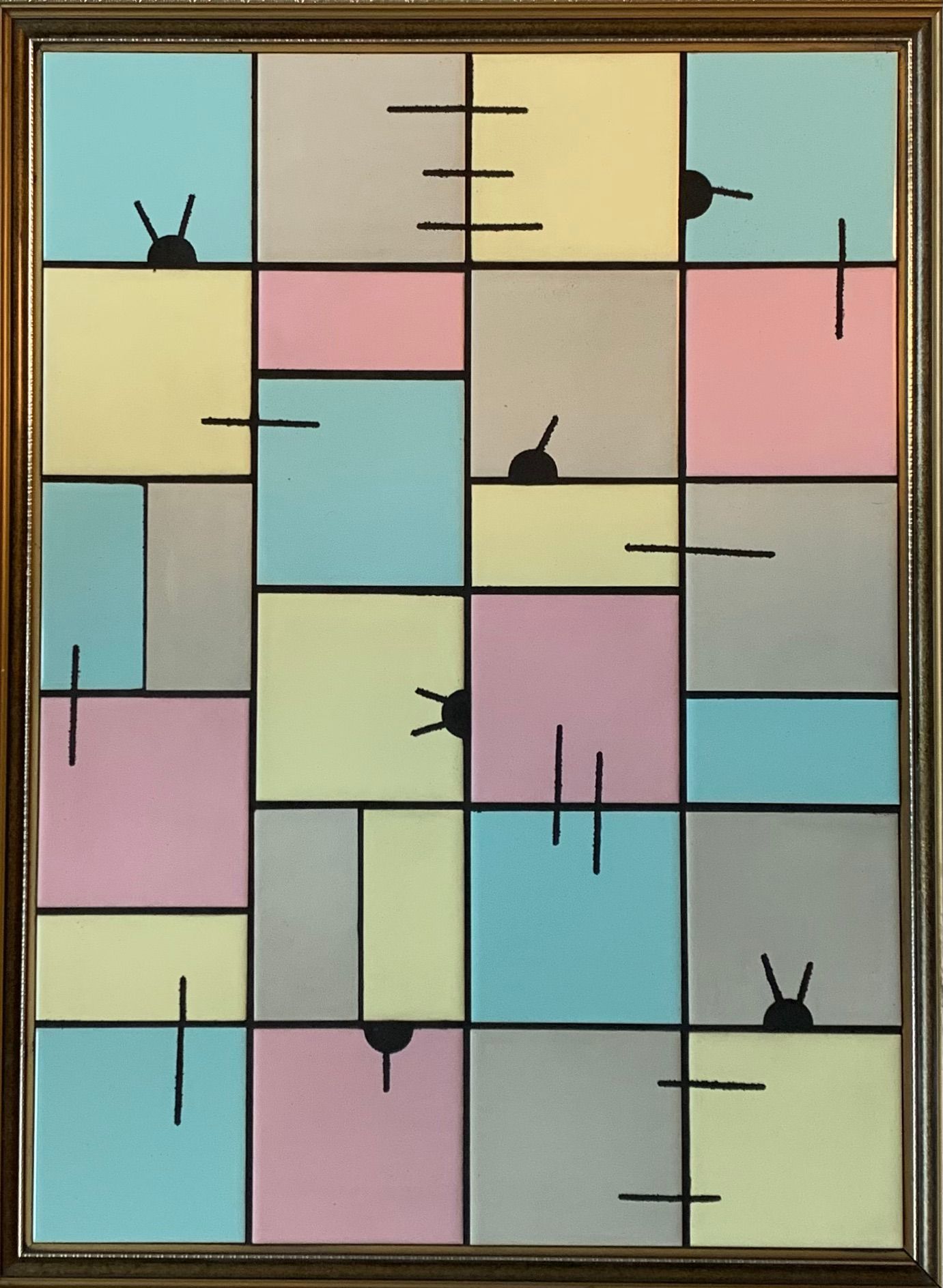 Abstracte geometrische schildering van pastelblokken met zwarte stokfiguurtjes en lijntjes in een raster.
