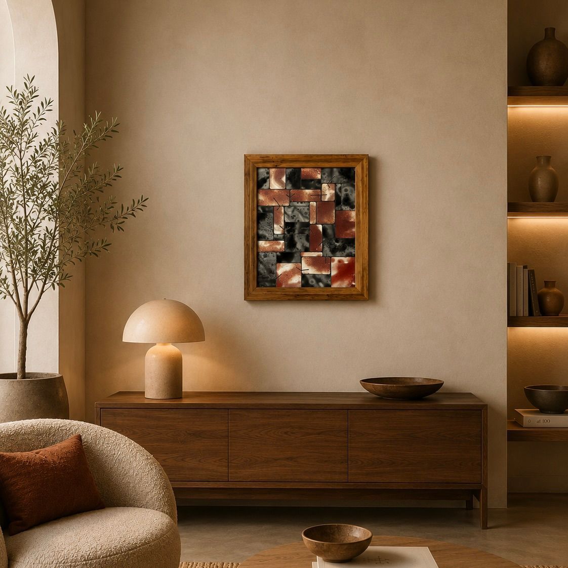 Sfeervolle woonkamer met houten dressoir, tafellamp, ingelijste abstracte kunst en decoratieve planken in neutrale tinten.