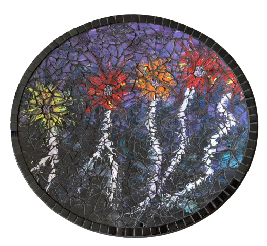Rond abstract kunstwerk met kleurrijke, vertakkende lichtjes op een donkere, gestructureerde achtergrond.