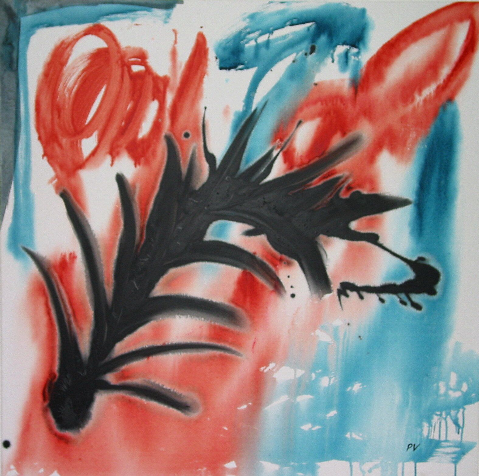 Abstract schilderij met rode en blauwe penseelstreken over een zwarte, bladachtige vorm op een lichte achtergrond.