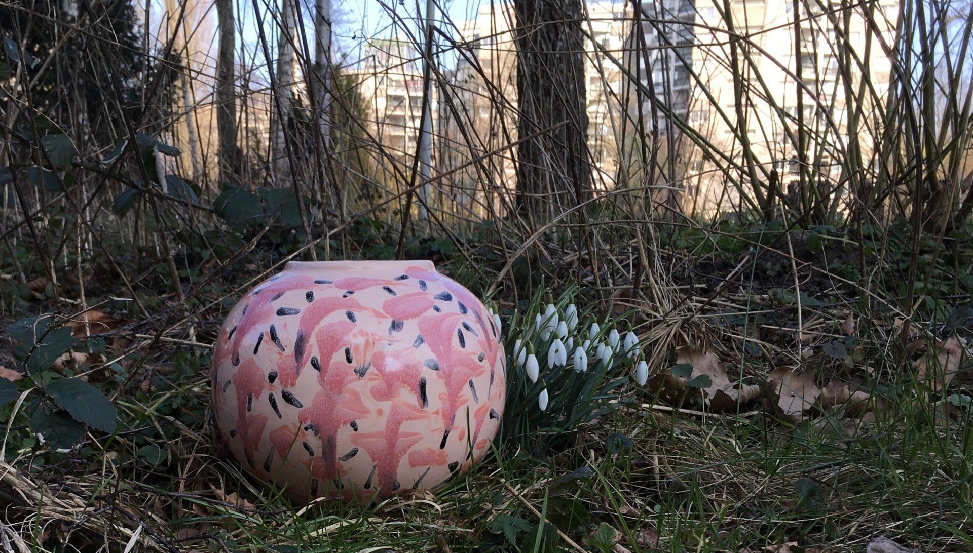 Een roze, met patronen versierde tuinpompoen in een bosrijk gebied, omringd door gras en kale bomen.