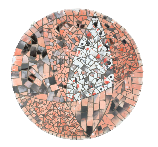 Abstracte mozaïek van een  cirkelvormig ontwerp met perzikkleurige, grijze en zwarte tegels.