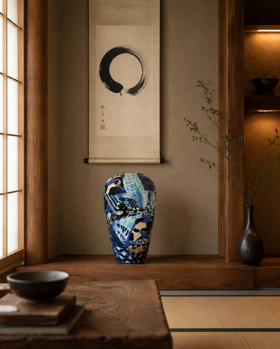 Een kamer in zen-stijl met een blauwe mozaïekvaas, een hangende kalligrafierol en een houten tafel bij het raam.