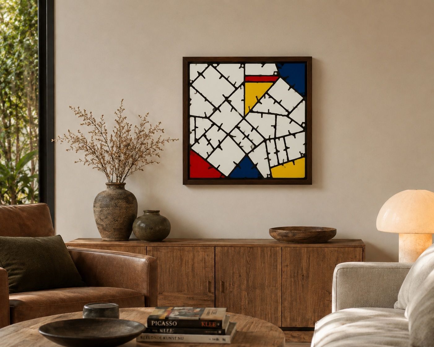 Gezellige woonkamer met abstracte muurdecoratie, leren bank, houten kast en een sfeervolle tafellamp.