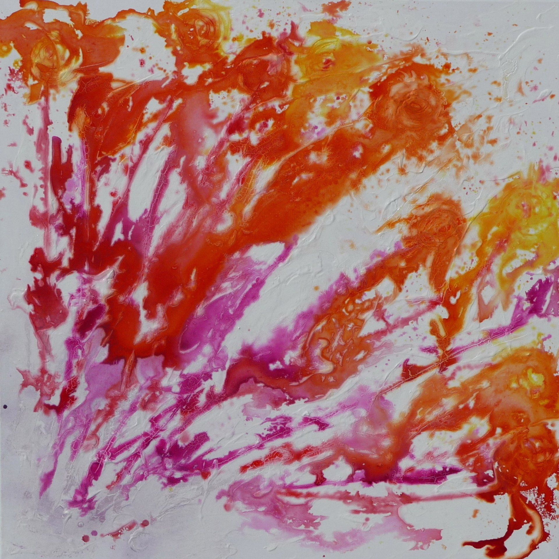 Abstracte roze, rode en oranje verfspatten die zich vanuit een lichte achtergrond naar buiten verspreiden.