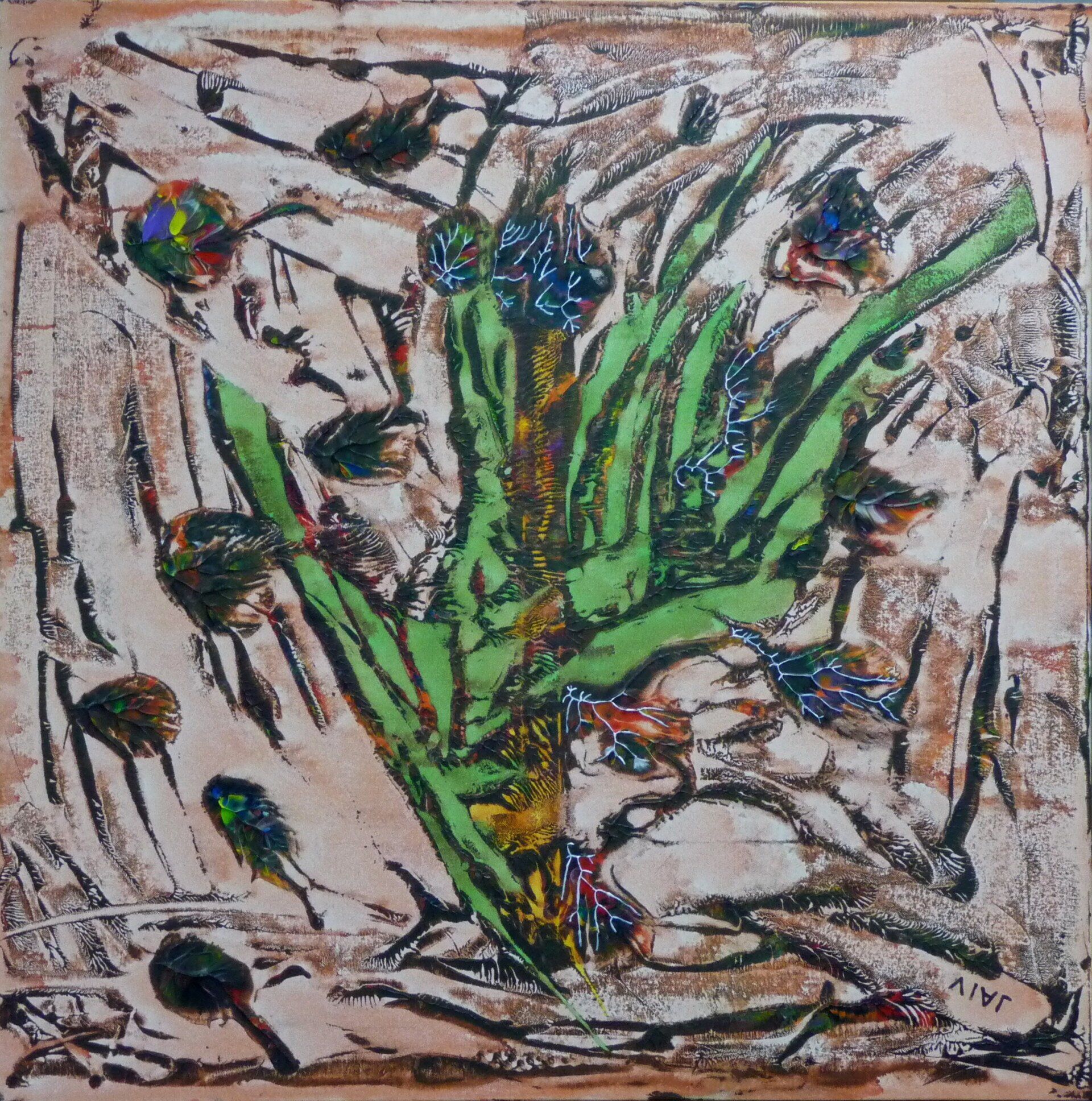 Abstracte schildering van groene bladeren en blauwe bloemen op een beige, gestructureerde achtergrond.