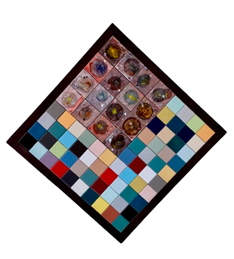 Diamantvormig kleurenraster met gemengde pastelkleurige vierkantjes.
