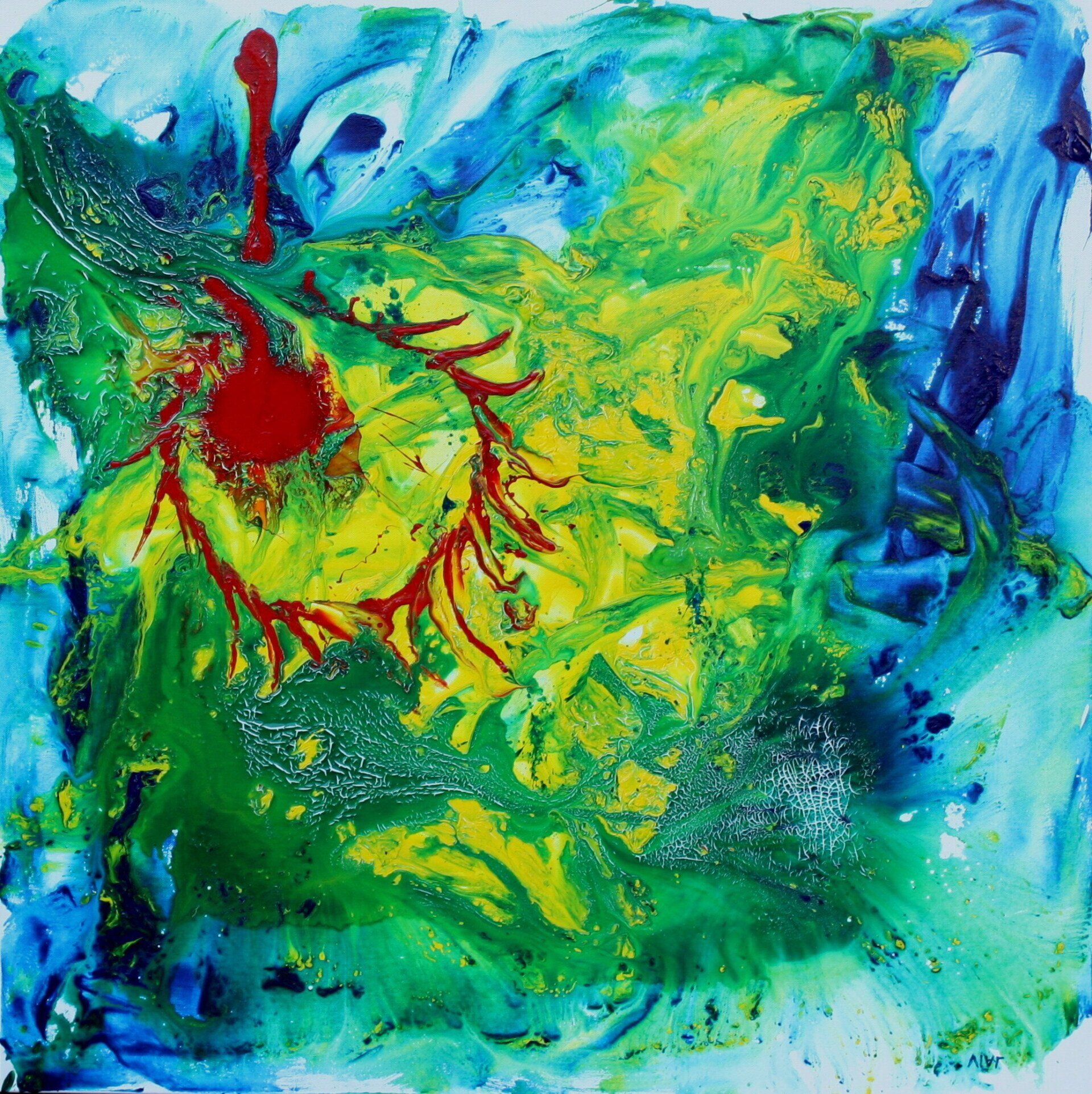 Abstract, kleurrijk schilderij met blauwe, groene en gele wervelingen en een rode cirkelvormige uitbarsting nabij het midden.