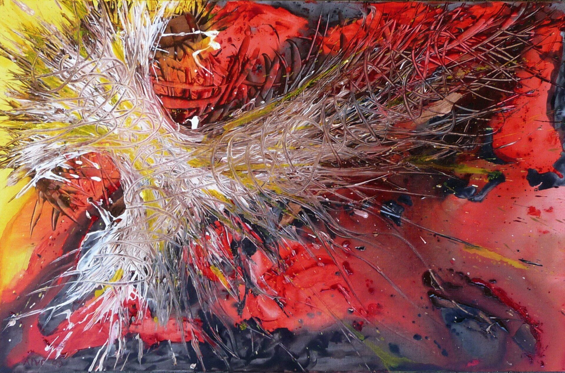 Abstract schilderij in rood en zwart met een heldere witte en gele uitbarsting in het midden.
