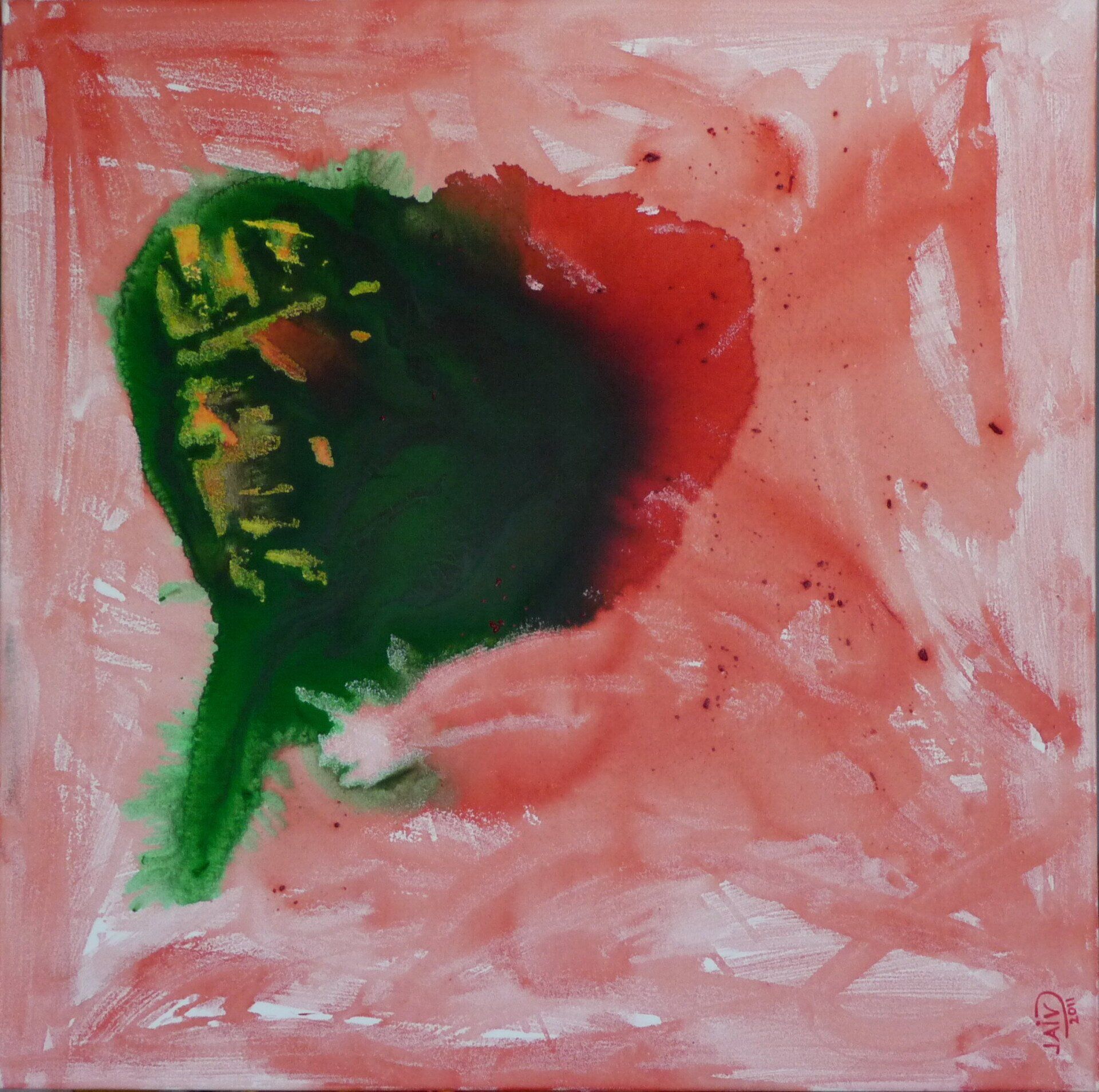 Abstracte schildering van een groene en rode bloem op een roze, gestructureerde achtergrond.