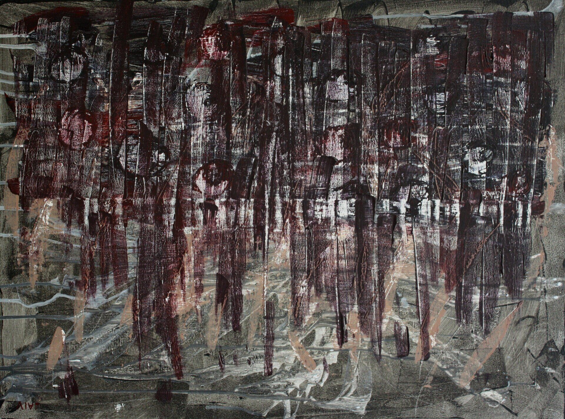Abstract schilderij met donkerrode verticale druppels op een grijze, gestructureerde achtergrond.