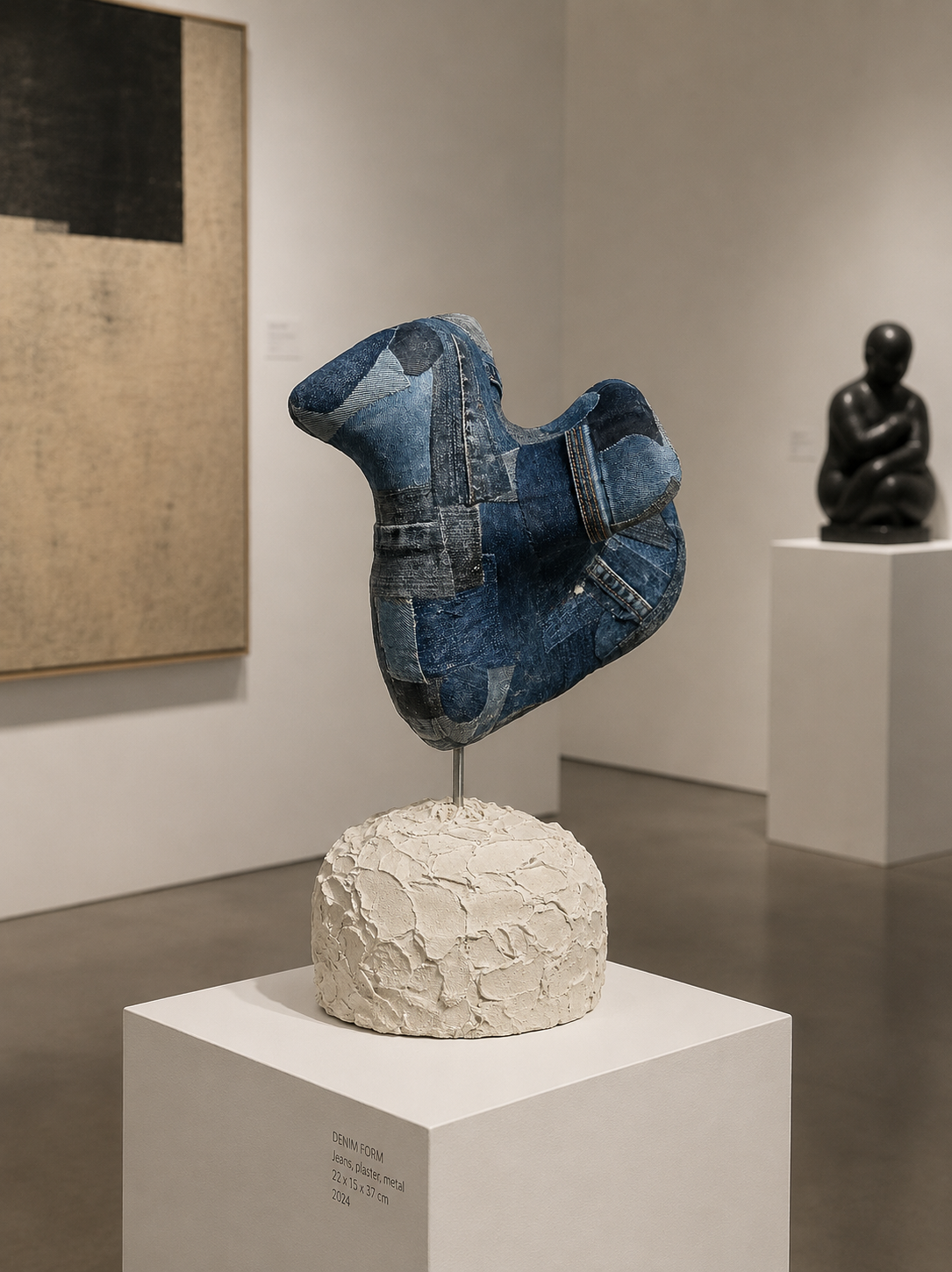 Abstracte blauwe sculptuur op een witte sokkel in een galerie, met op de achtergrond een zwart zittend beeld.