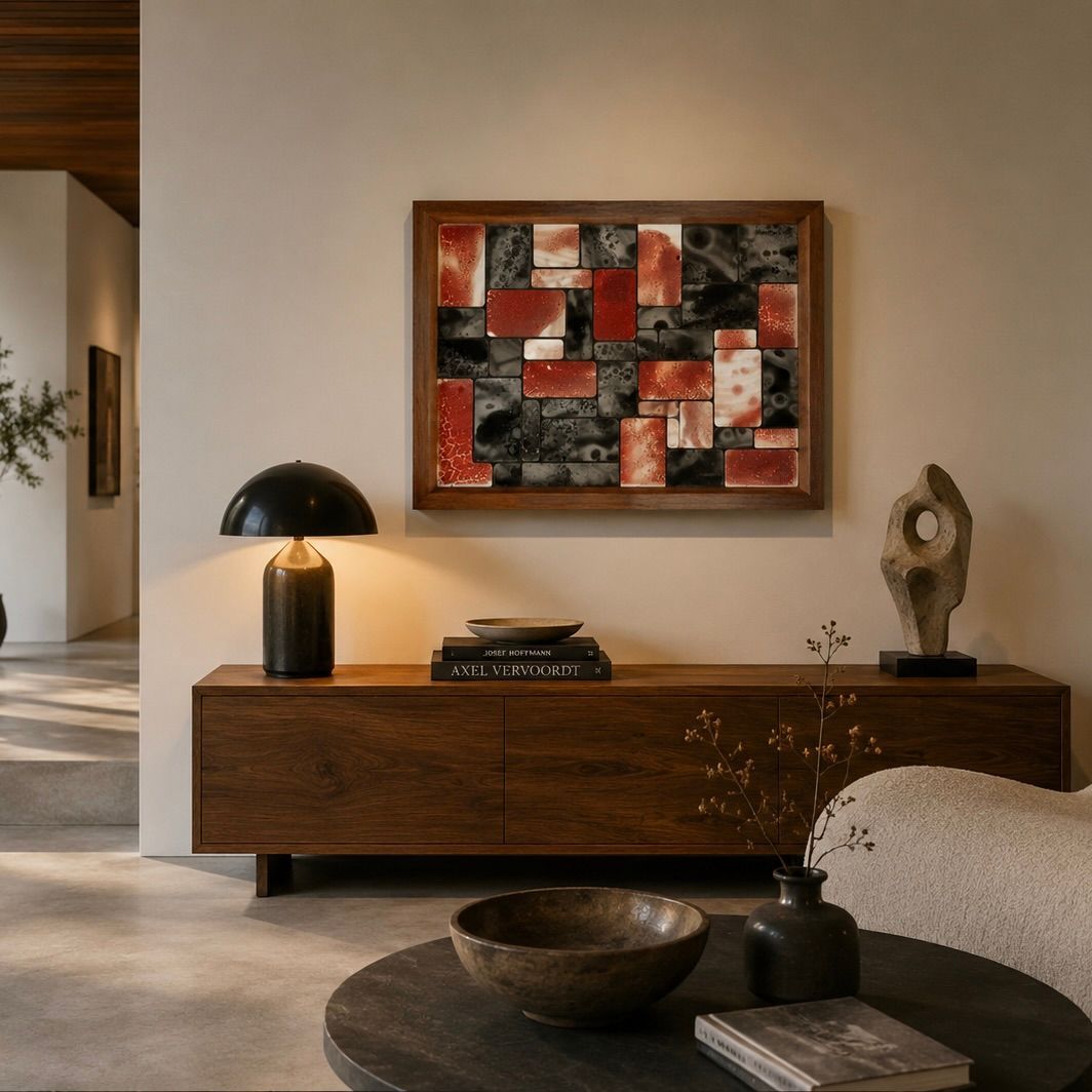 Moderne woonkamer met abstracte kunst, houten dressoir, zwarte lamp, sculptuur en salontafel.