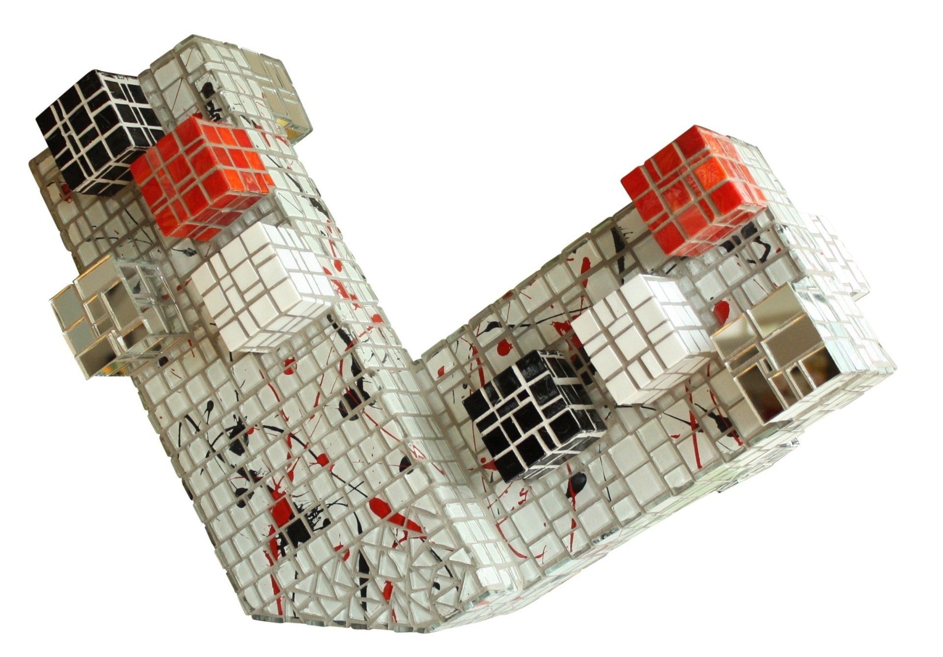 Abstracte 3D-draadmodel van een gebogen witte structuur met rood en zwart gemarkeerde gedeelten op een witte achtergrond.