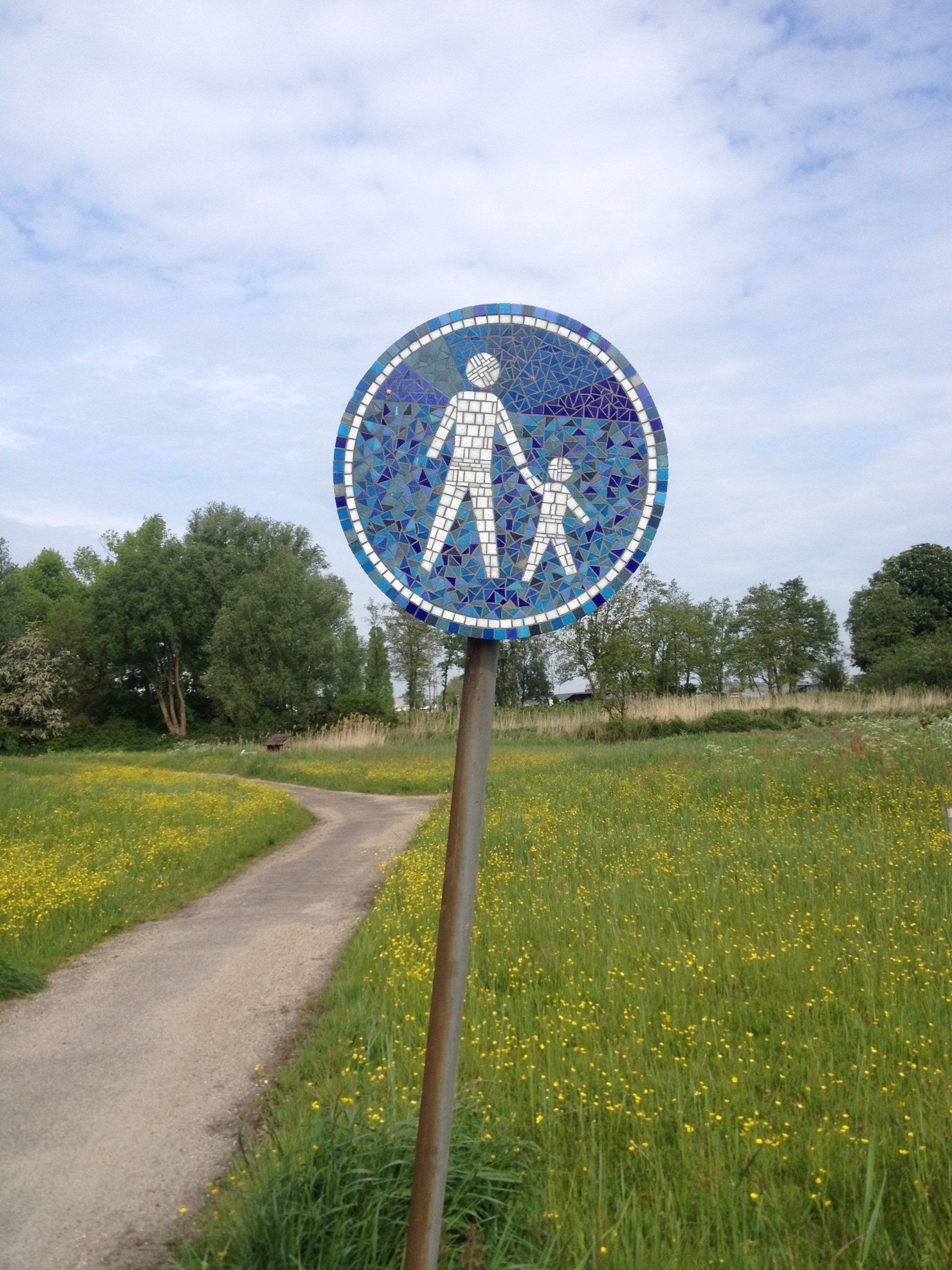 Blauw voetgangersoversteekbord naast een landweggetje door een grasveld met gele bloemen.