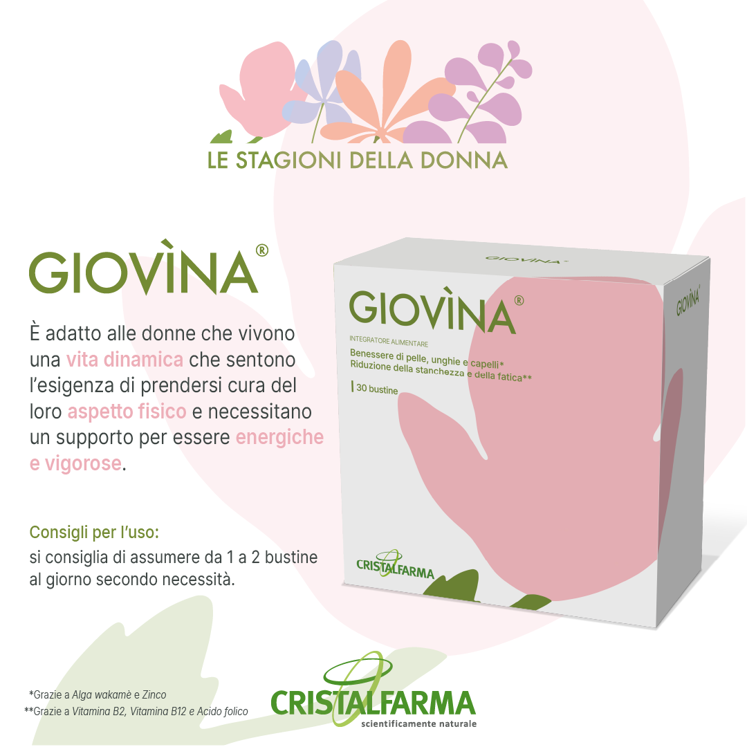 Scatola di integratori Giovìna con decorazione floreale rosa e testo in italiano sulla salute della donna in menopausa