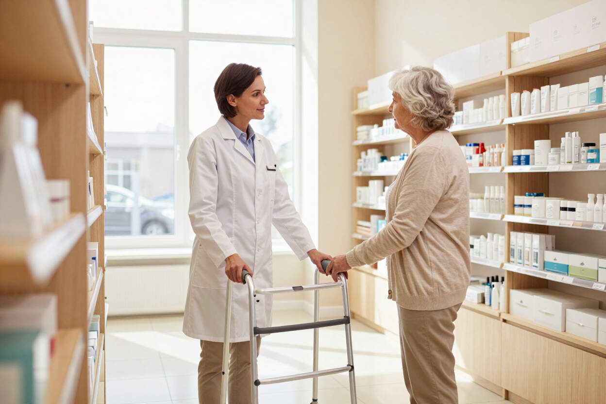 Farmacista e cliente parlano in un corridoio luminoso della farmacia accanto a un deambulatore