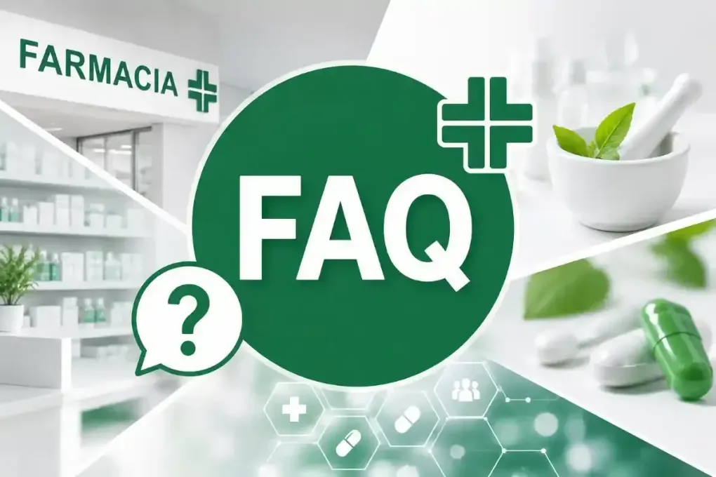 Grafico FAQ di Farmácia con punto interrogativo verde, croce medica, pillole e scaffali della farmacia.