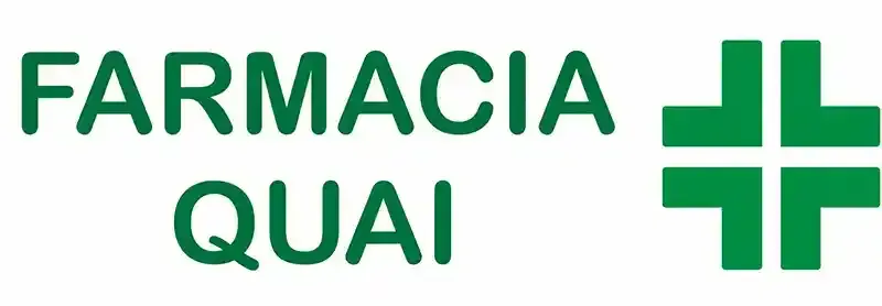 Logo verde “FARMACIA QUAI” con l’icona di una croce da farmacia su sfondo bianco.