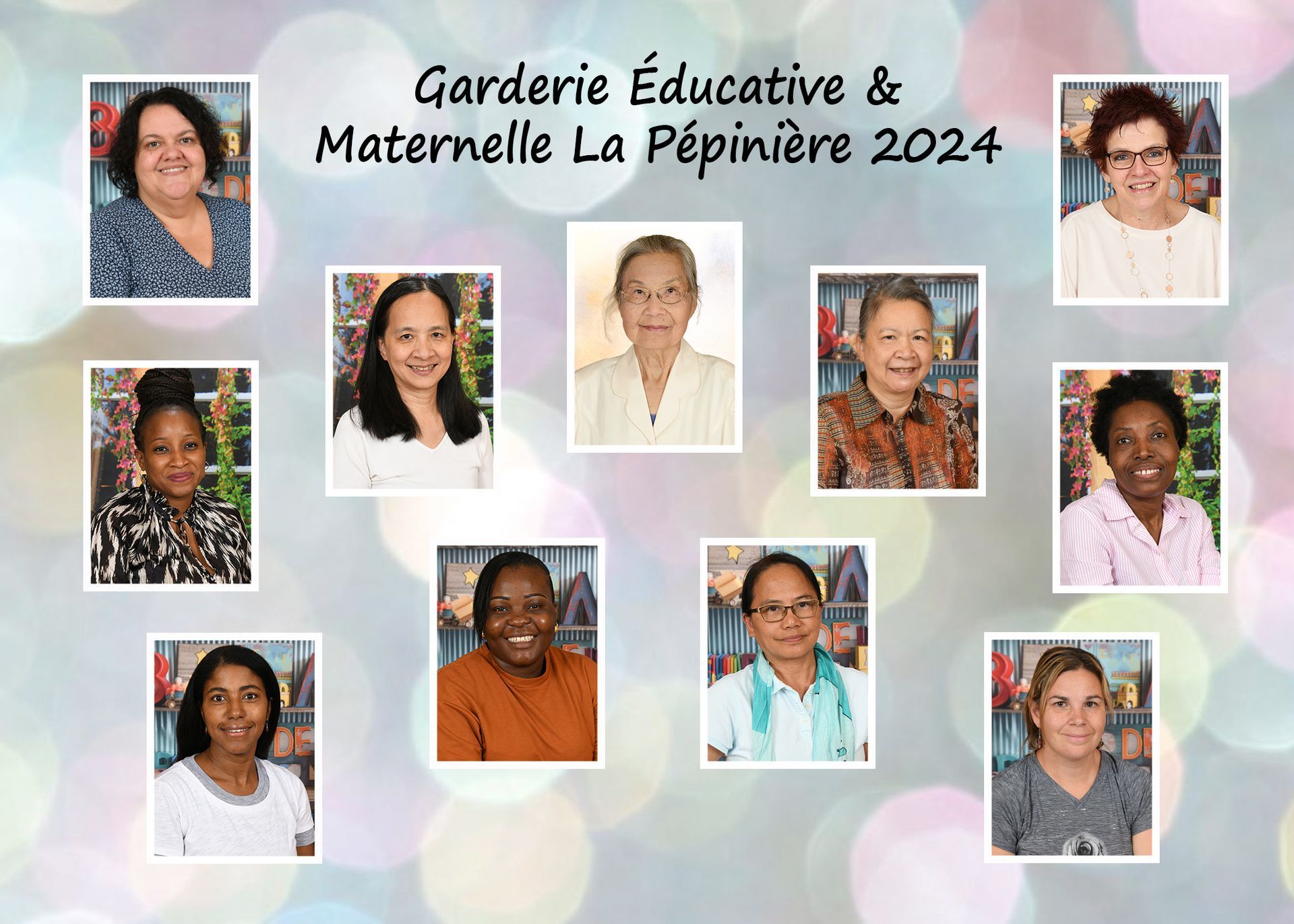 Group photo of staff from Garderie Éducative & Maternelle La Pépinière 2024, with various smiling women in individual portraits.