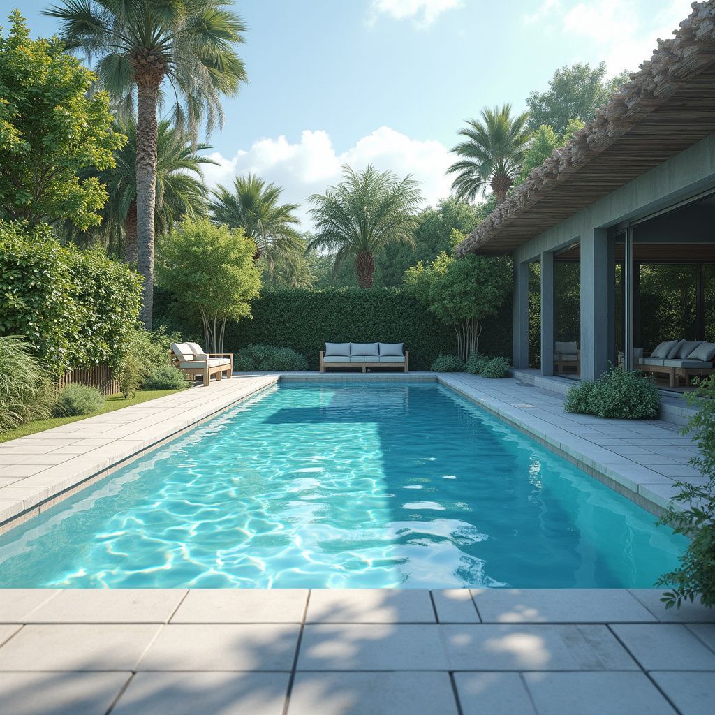 A person in blue overalls cleans a pool with a long-handled brush next to a house.