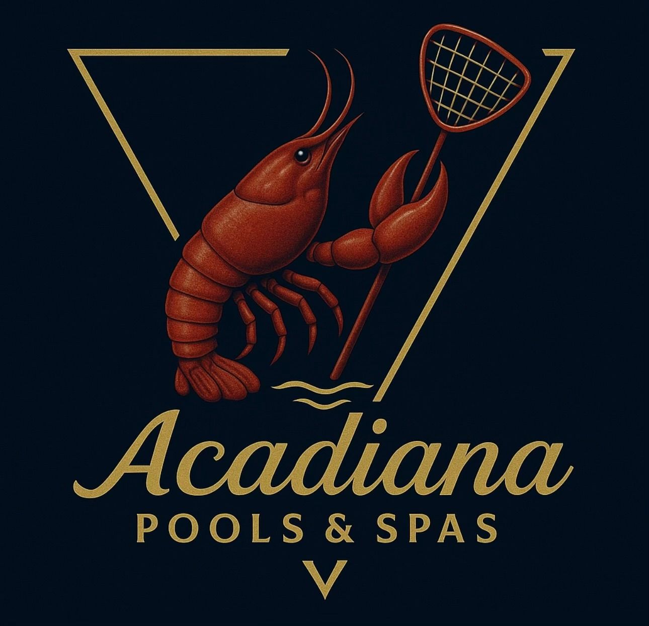 Crawfish holding a net above the Acadiana Pools & Spas logo.