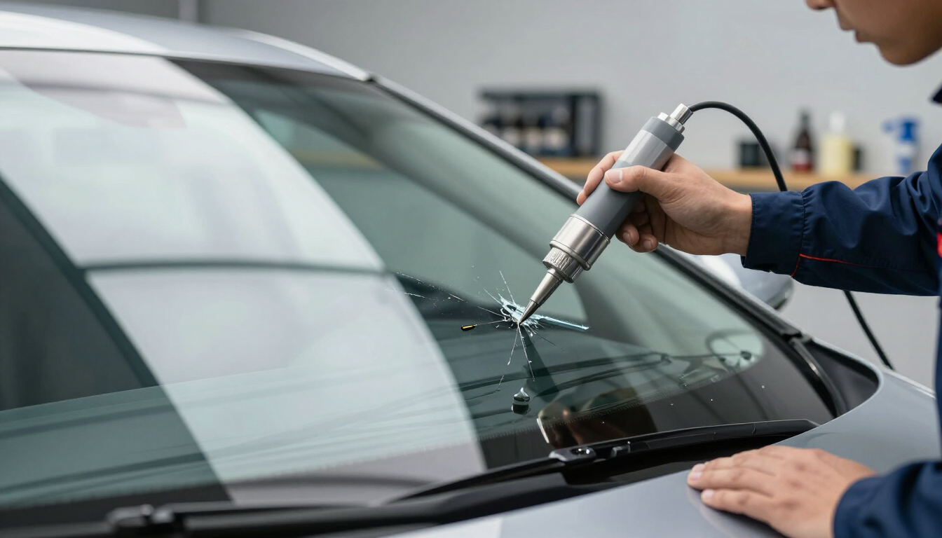Technician using a suction tool to repair a car windshield crack in a workshop