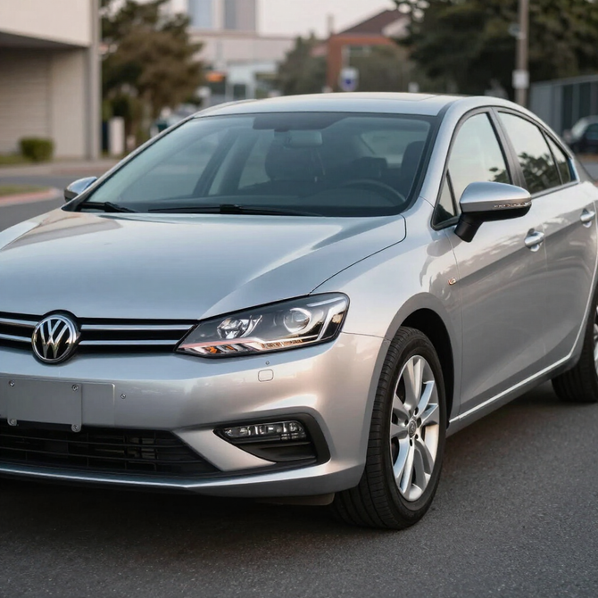 Silver Volkswagen sedan parked on a street at dusk