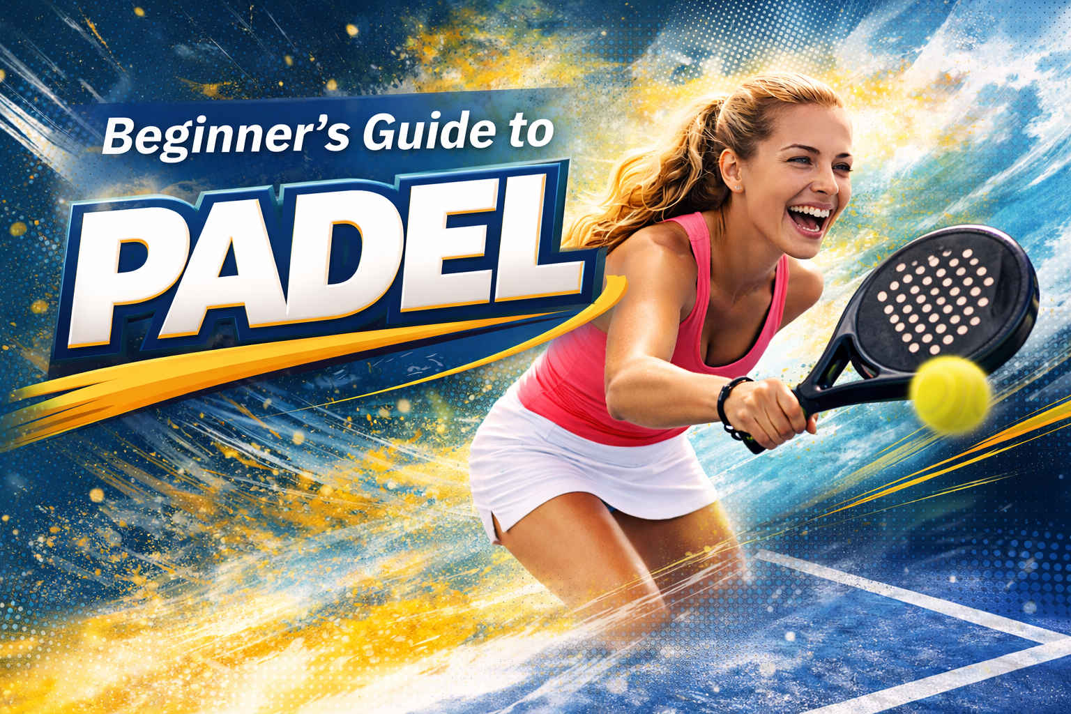 Woman playing padel, smiling, holding racket and ball on a blue court. Text: