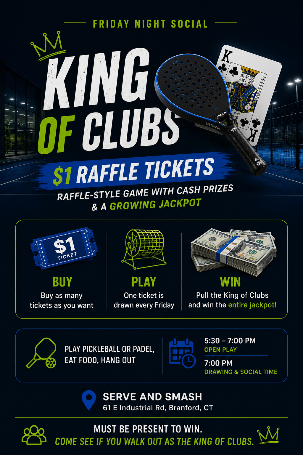 King of Clubs 1st raffle tickets flyer with tennis racket, cards, cash prizes, and event details on dark blue background