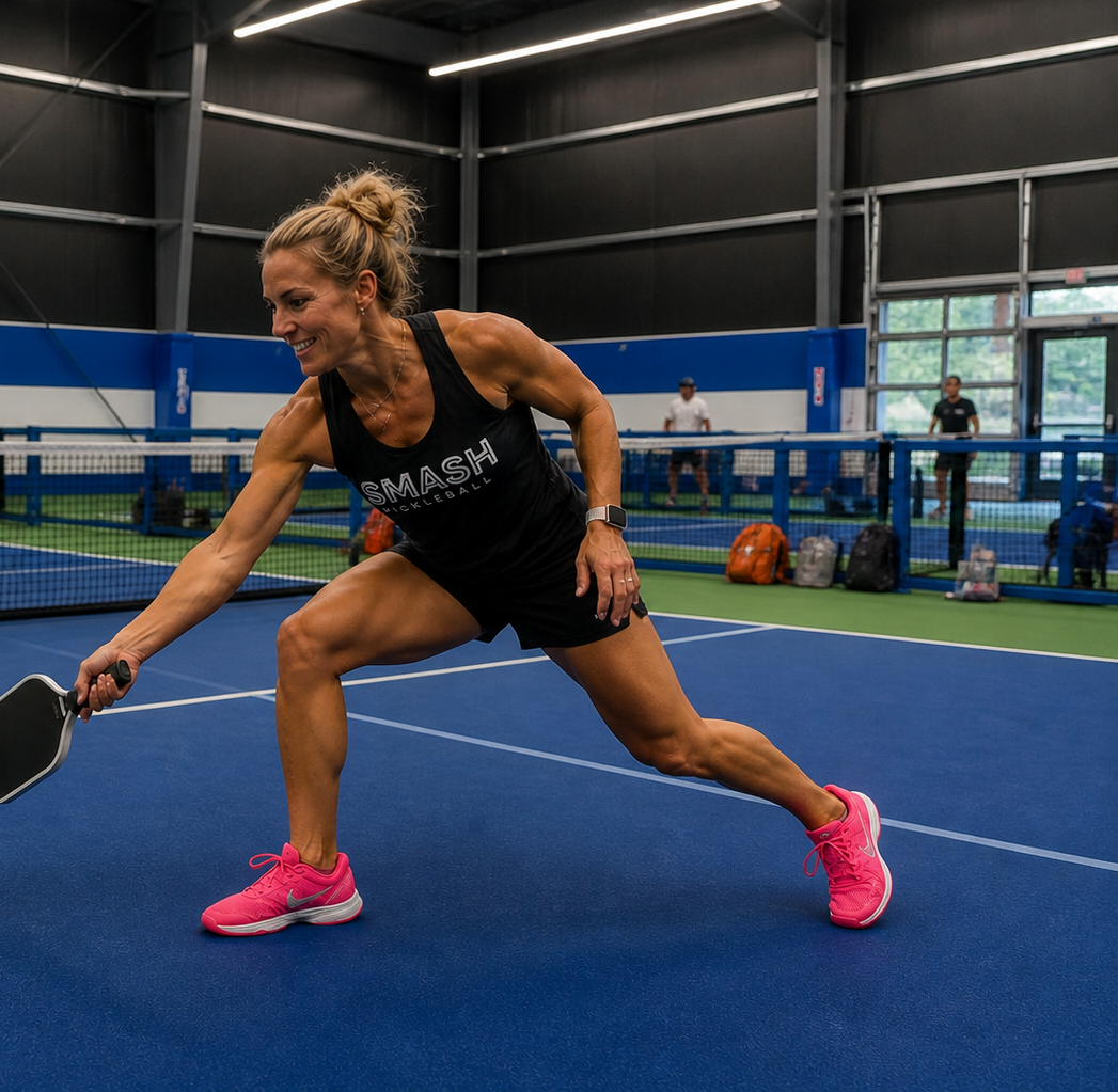 Athlete lunging for a pickleball on a blue indoor court, wearing black gear and pink shoes