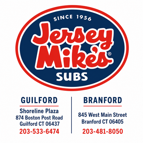 Jersey Mike’s Subs logo with Guilford and Branford location addresses and phone numbers in red and blue