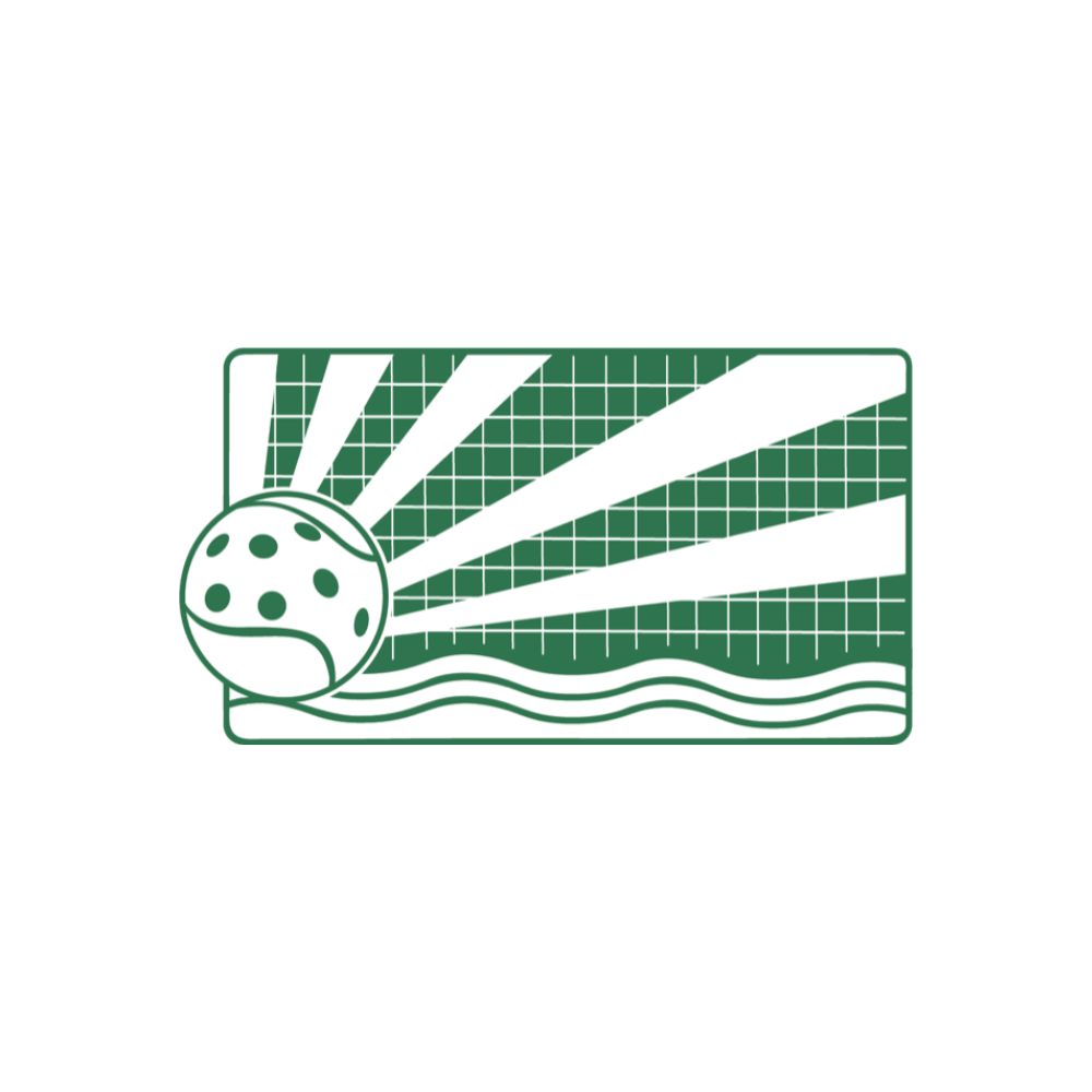 A green and white graphic showing a pickleball with radiating light beams over a grid and wavy lines.
