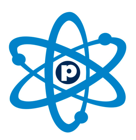 Blue atomic-style logo with a central “P” inside a circle