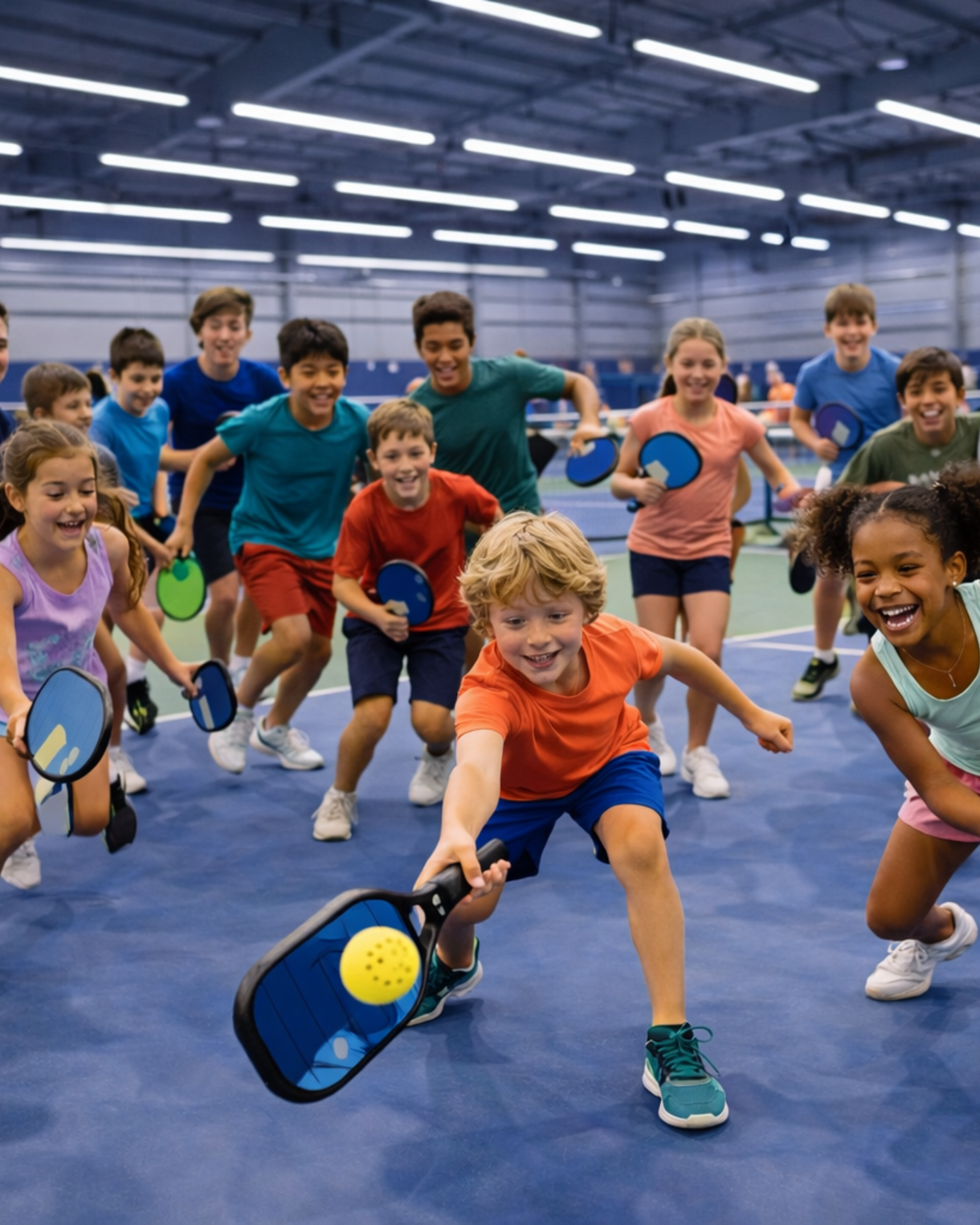 A diverse group of people plays pickleball on an indoor court, with one participant lunging forward to hit a ball.